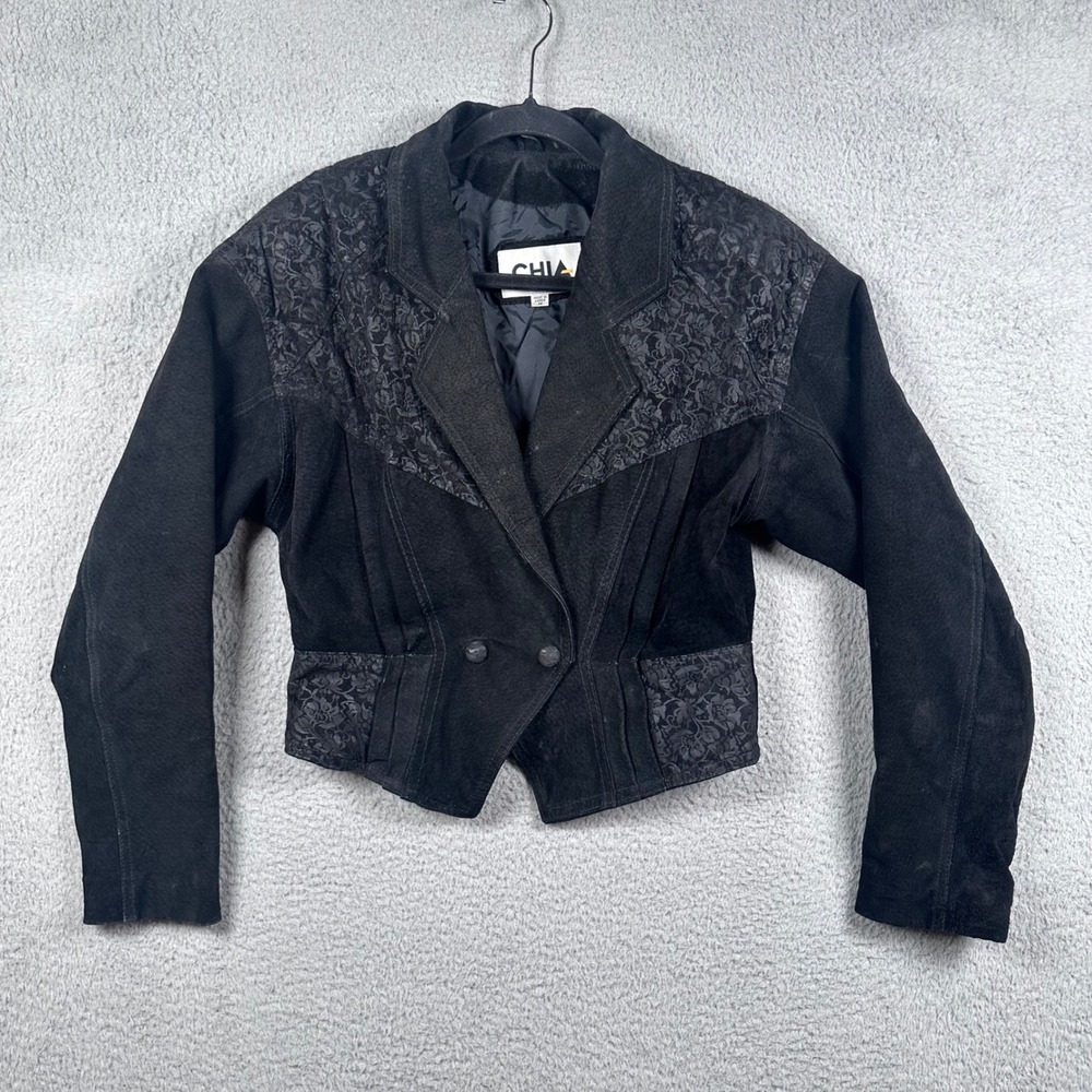 Vintage 80s Chia Suede Leather Cropped Jacket Biker Floral Whimsigoth Grunge M